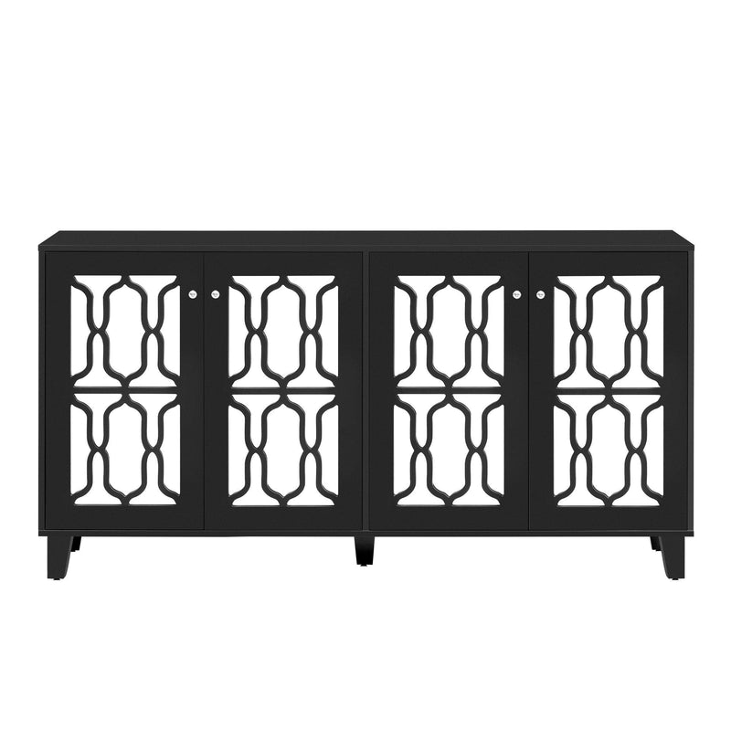 ON-TREND Buffet Cabinet with Adjustable Shelves, 4-Door Mirror Hollow-Carved TV stand for TVs Up to 65'', Multi-functional Console Table with Storage Credenza Accent Cabinet for Living Room, Black - Supfirm