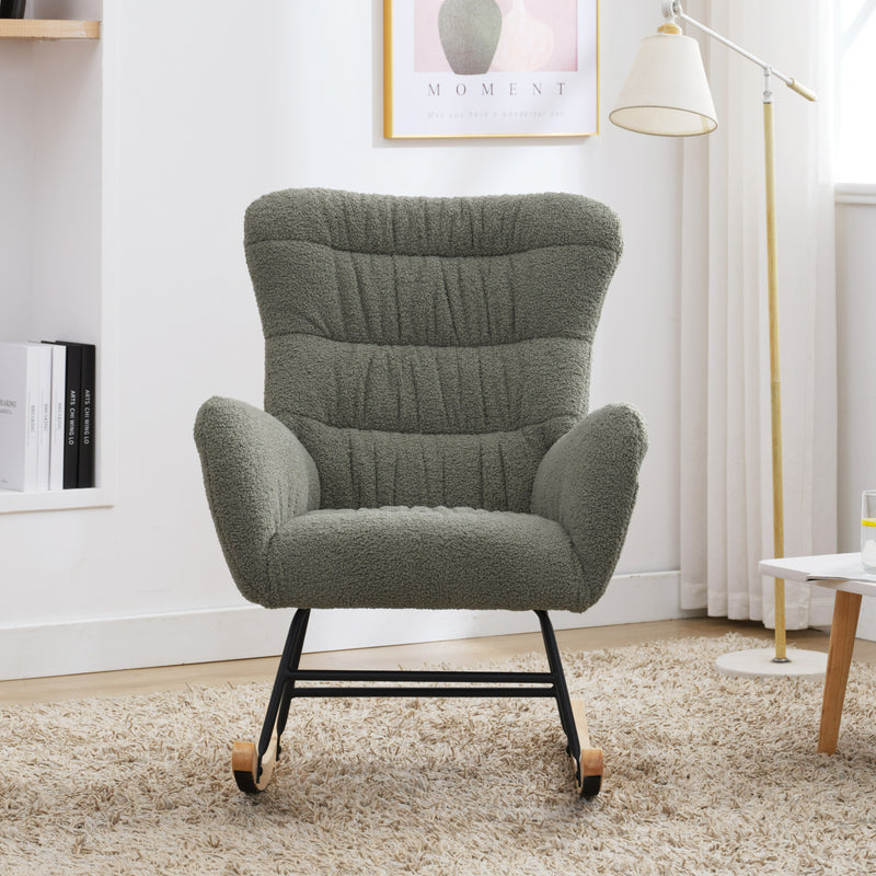 Supfirm Nursery Rocking Chair, Teddy Upholstered Glider Rocker, Rocking Accent Chair with High Backrest, Comfy Rocking Accent Armchair for Living Room, Bedroom, Offices, GREEN