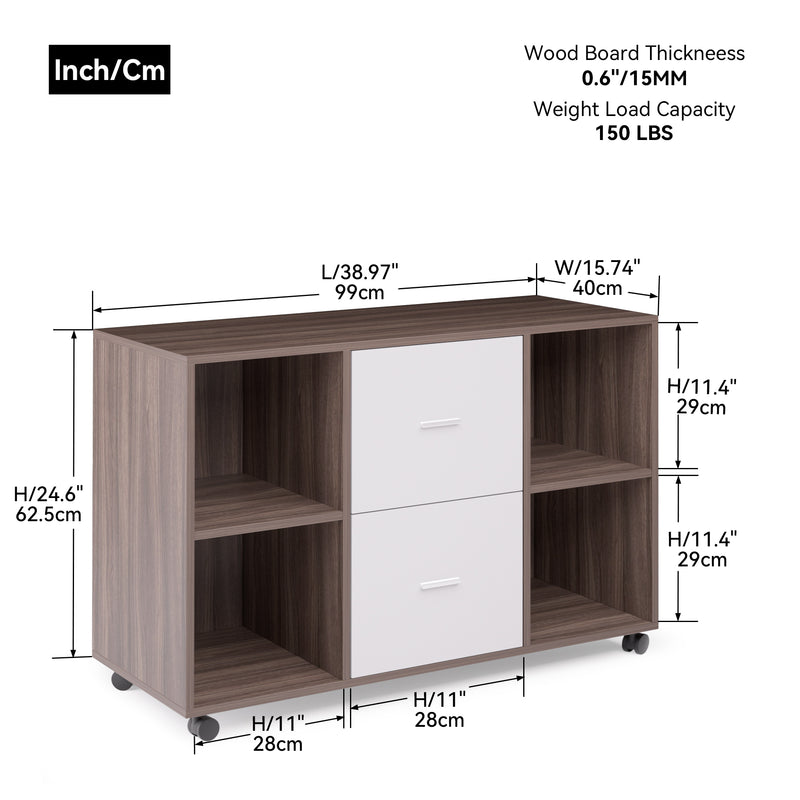 Supfirm Mobile lateral filing cabinet with 2 drawers and 4 open storage cabinets, for home office, walnut-light gray