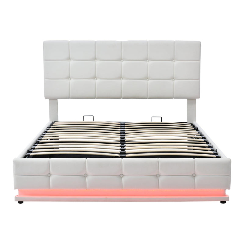 Tufted Upholstered Platform Bed with Hydraulic Storage System,Queen Size PU Storage Bed with LED Lights and USB charger, White - Supfirm