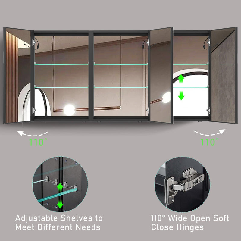 Supfirm 60x30 Inch LED Bathroom Medicine Cabinet Surface Mount Double Door Lighted Medicine Cabinet, Medicine Cabinets for Bathroom with Mirror Defogging, Dimmer Black - Supfirm