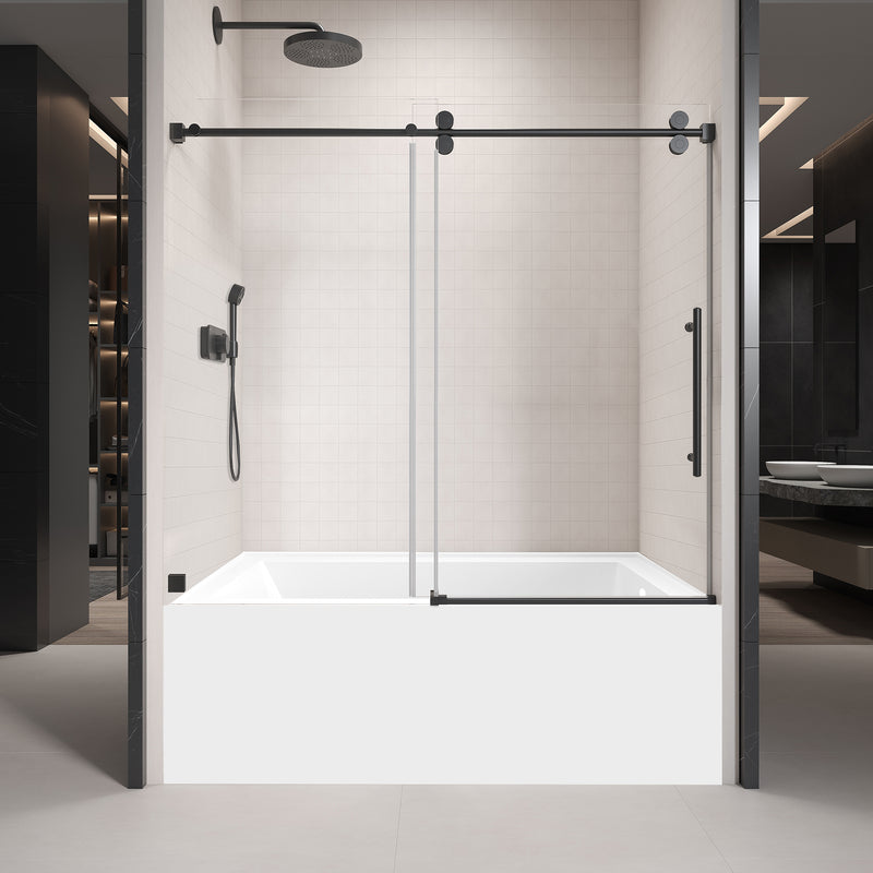 Supfirm 56'' - 60'' W x 66'' H Single Sliding Frameless Tub Shower Door With 3/8 Inch (10mm) Clear Glass in Matte Black