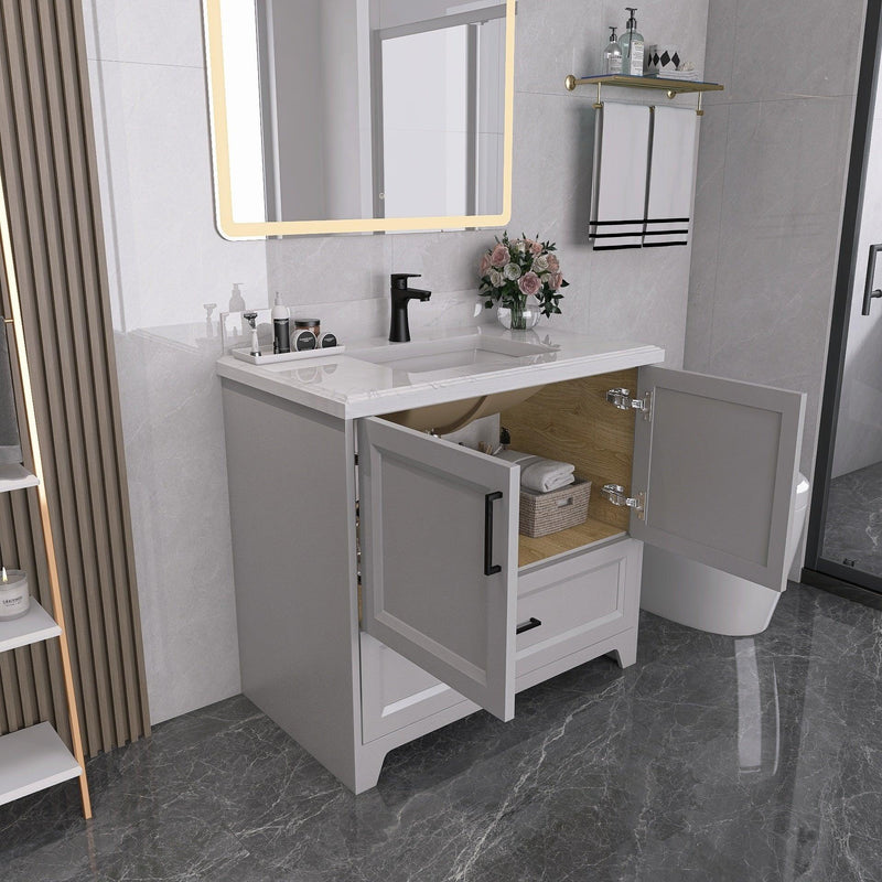 Solid Wood 36" Bathroom Vanity with Sink Combo, Modern Undermount Single Bathroom Cabinet Set, Includes Countertop & Integrated Sink, Soft Closing Doors & Drawers, Bathroom Dresser Light Gray - Supfirm