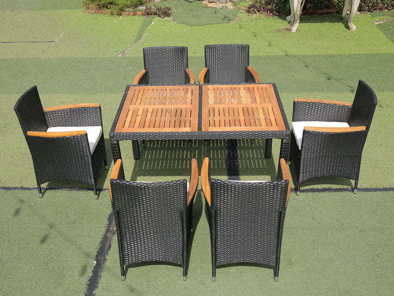 Supfirm EELIFEE 7 piece Outdoor Patio Wicker Dining Set Patio Wicker Furniture Dining Set w/Acacia Wood Top