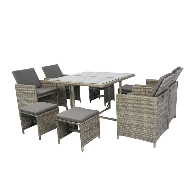 Supfirm 9 Pieces Patio Dining Sets Outdoor Space Saving Rattan Chairs with Glass Table Patio Furniture Sets Cushioned Seating and Back Sectional Conversation Set Grey Wicker + Grey Cushion