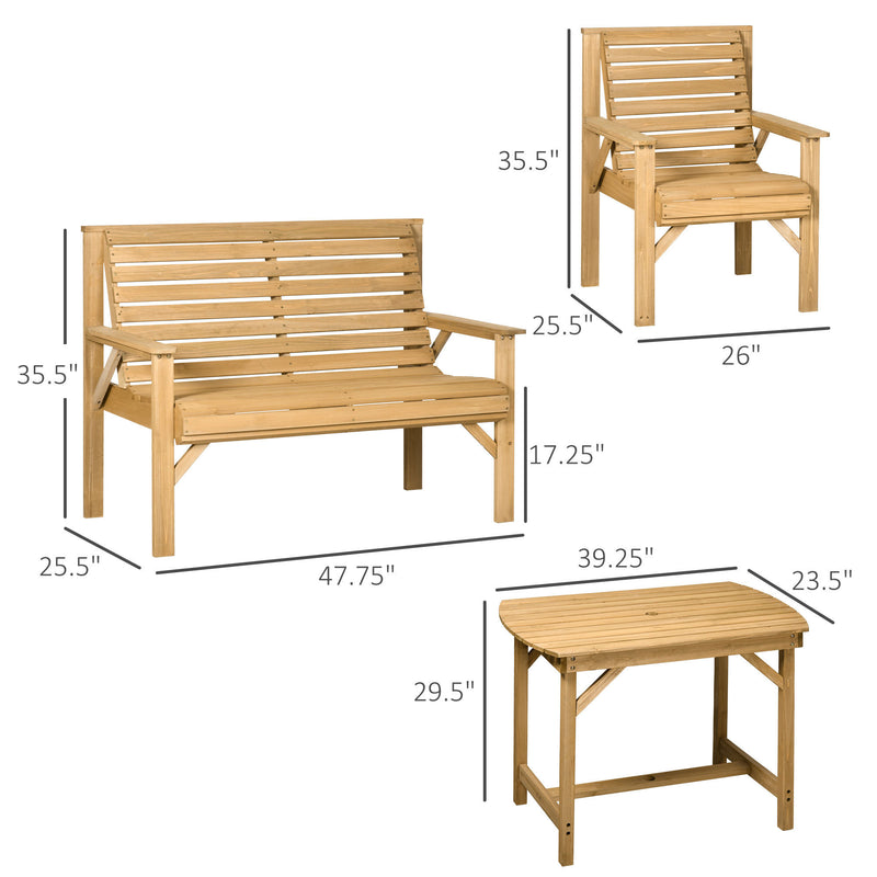 Supfirm 5 Piece Wooden Patio Dining Set for 6, Outdoor Conversation Set with 2 Armchairs, 2 Loveseats, and Dining Table with Umbrella Hole for Backyard, Garden, Light Brown