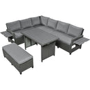 Supfirm TOMAX 5-Piece Outdoor Patio Rattan Sofa Set, Sectional PE Wicker L-Shaped Garden Furniture Set with 2 Extendable Side Tables, Dining Table and Washable Covers for Backyard, Poolside, Indoor, Gray