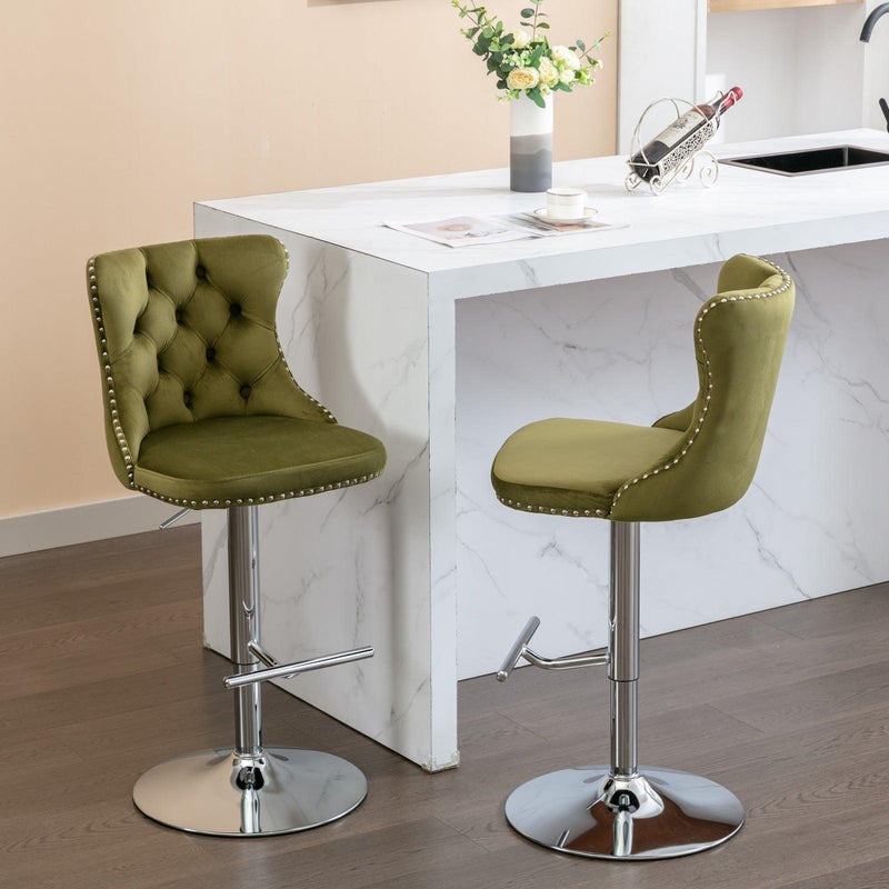 Swivel Velvet Barstools Adjusatble Seat Height from 25-33 Inch, Modern Upholstered Chrome base Bar Stools with Backs Comfortable Tufted for Home Pub and Kitchen Island, Olive-Green,Set of 2,1712OL - Supfirm