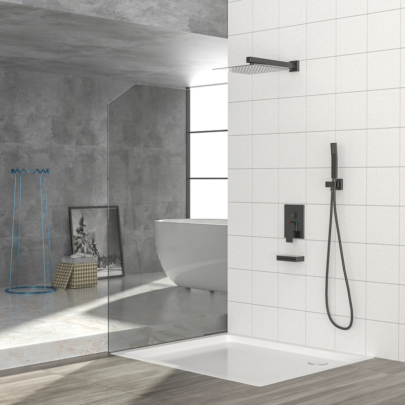 Supfirm Shower System with Waterfall Tub Spout,12 Inch Wall Mounted Square Shower System with Rough-in Valve,Matte black