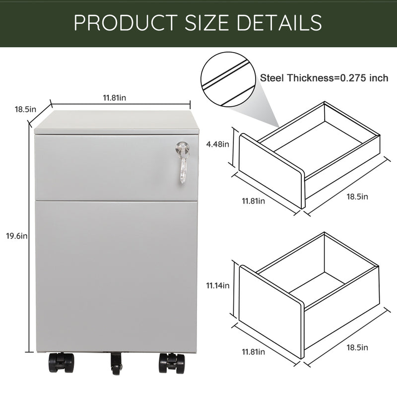 Supfirm 2 Drawer Mobile File Cabinet with Lock Metal Filing Cabinet for Legal/Letter/A4/F4 Size, Fully Assembled Include Wheels, Home/Office Design,Grey