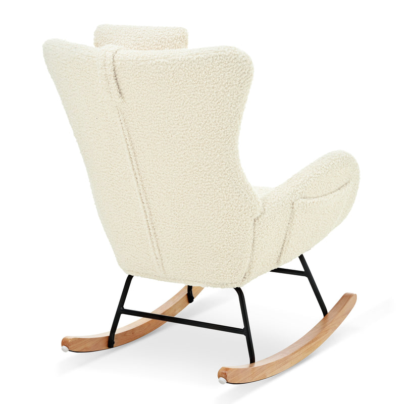 Supfirm Rocking Chair Nursery, Teddy Upholstered Rocker Glider Chair with High Backrest, Adjustable Headrest & Pocket, Comfy Glider Chair for Nursery, Bedroom, Living Room, Offices, Rubber wood, beige