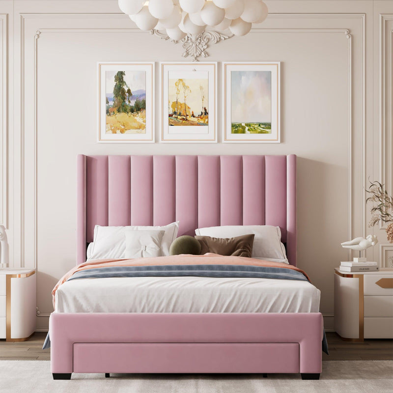 Full Size Storage Bed Velvet Upholstered Platform Bed with a Big Drawer - Pink - Supfirm