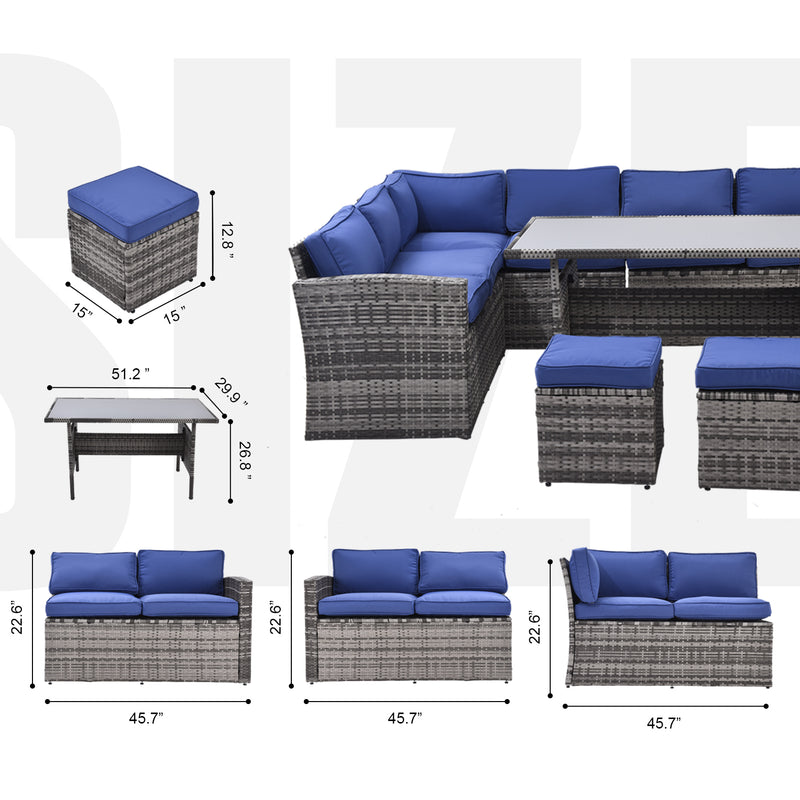 Supfirm Outdoor Patio Furniture Set,7 Pieces Outdoor Sectional Conversation Sofa with Dining Table,Chairs and Ottomans,All Weather PE Rattan and Steel Frame,With Backrest and Removable Cushions(Grey+Blue)