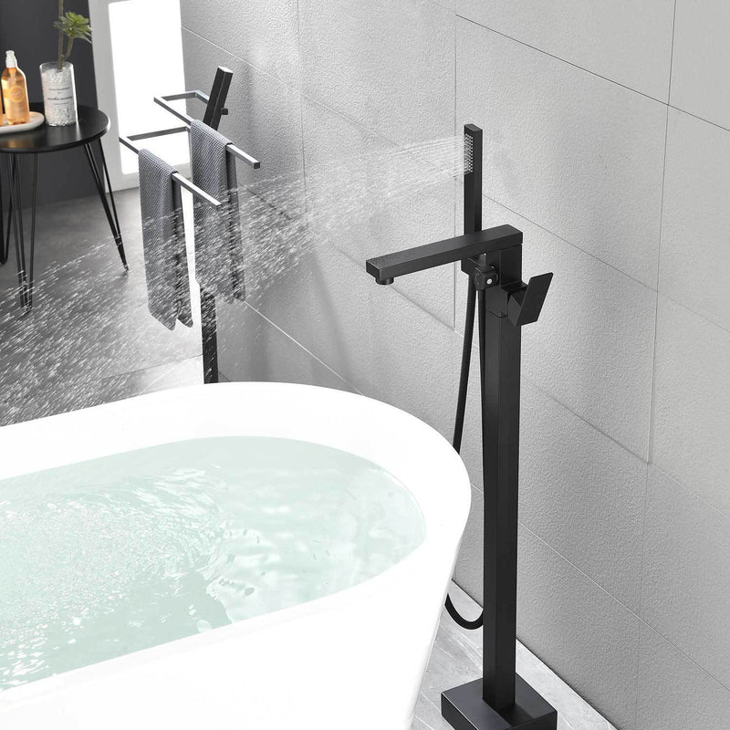 Supfirm Freestanding Bathtub Faucet Tub Filler Matte Black Floor Mount Bathroom Faucets Brass Single Handle with Hand Shower