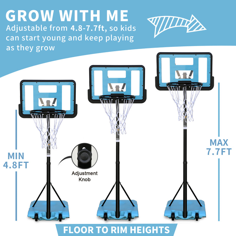 Supfirm Use for Outdoor Height Adjustable 4.8 to 7.7ft Basketball Hoop 44 Inch Backboard Portable Basketball Goal System with Stable Base and Wheels