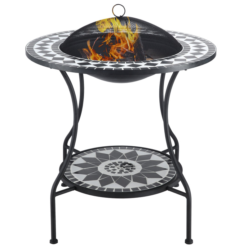 Supfirm 30" Outdoor Fire Pit Dining Table, 3-in-1 Round Wood Burning Fire Pit Bowl, Patio Ice Bucket with Storage Shelf, Supfirm Spark Screen Cover for BBQ, Bonfire, Camping, Mosaic