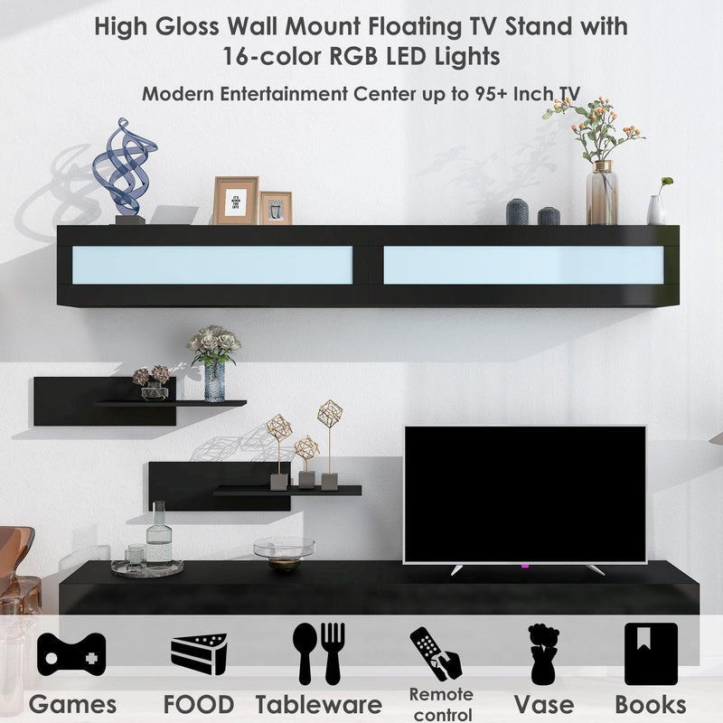 ON-TREND Wall Mount Floating TV Stand with Four Media Storage Cabinets and Two Shelves, Modern High Gloss Entertainment Center for 95+ Inch TV, 16-color RGB LED Lights for Living Room, Bedroom, Black - Supfirm