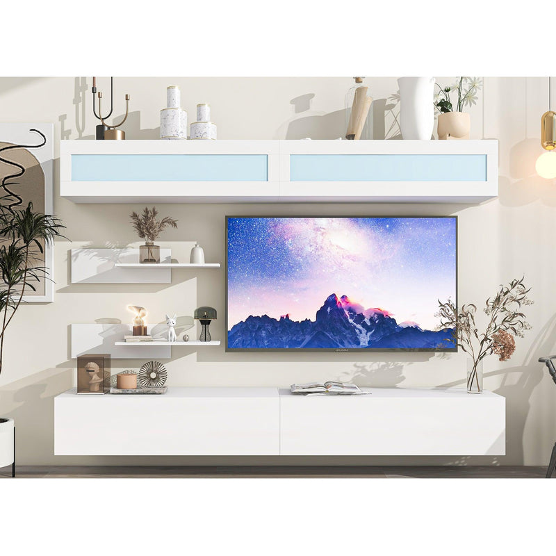 ON-TREND Wall Mount Floating TV Stand with Four Media Storage Cabinets and Two Shelves, Modern High Gloss Entertainment Center for 95+ Inch TV, 16-color RGB LED Lights for Living Room, Bedroom, White - Supfirm