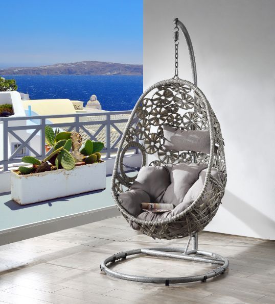 Supfirm ACME Sigar Patio Hanging Chair with Stand, Light Gray Fabric & Wicker 45107