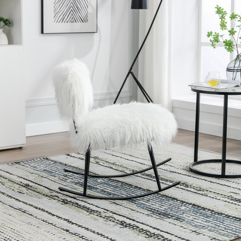 Supfirm 25.2'' Wide Faux Fur Plush Nursery Rocking Chair, Baby Nursing Chair with Metal Rocker, Fluffy Upholstered Glider Chair, Comfy Mid Century Modern Chair for Living Room, Bedroom (Ivory)