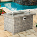 Supfirm Outdoor Wicker Gas Fire Table,  Patio Propane Gas Fire Pit w Aluminum Tabletop,Glass Wind Guard