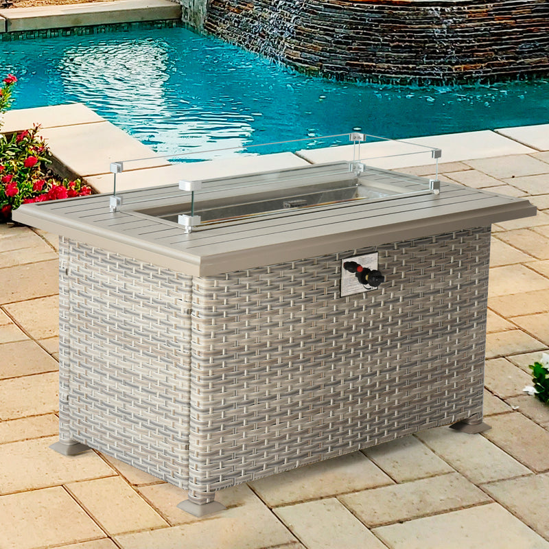 Supfirm Outdoor Wicker Gas Fire Table,  Patio Propane Gas Fire Pit w Aluminum Tabletop,Glass Wind Guard
