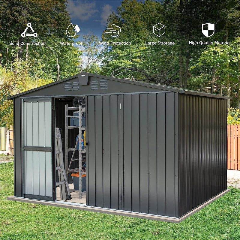 Supfirm Outdoor Storage Shed 10'x 8', Metal Garden Shed for Bike, Trash Can, Tools, Galvanized Steel Outdoor Storage Cabinet with Lockable Door for Backyard, Patio, Lawn (10x8ft, Black)