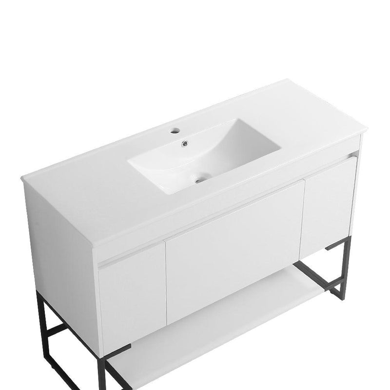 48" Bathroom Vanity with Sink,Bathroom Vanity Cabinet with Two Soft Close Cabinet Doors & soft-close Drawers,Bathroom Storage Cabinet with a Lower Open Shelf,with Metal Legs,White Ceramic Sink,White - Supfirm