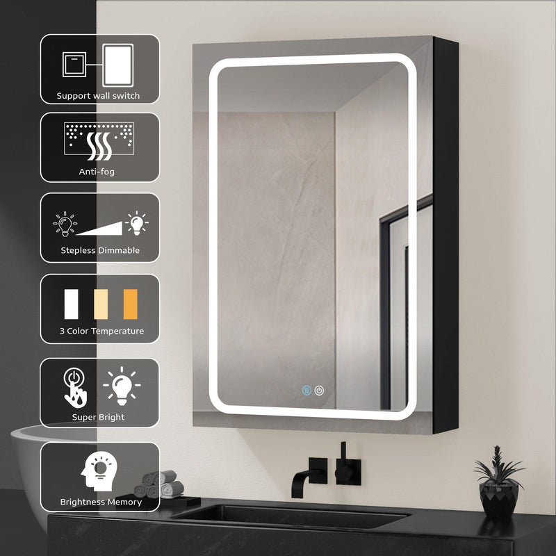 Supfirm 40x30 Inch LED Bathroom Medicine Cabinet Surface Mount Double Door Lighted Medicine Cabinet, Medicine Cabinets for Bathroom with Mirror Defogging, Dimmer Black - Supfirm