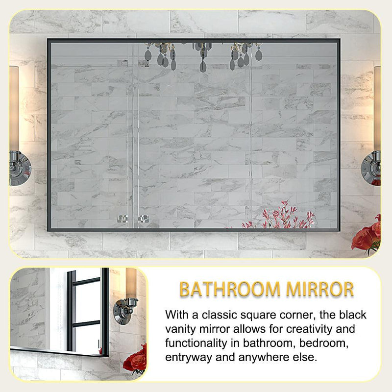 40x30inch Glossy Black Bathroom Mirrors For Wall Rectangle Vanity Mirror Corner Hangs Farmhouse Mirror Modern Metal Framed Rectangular Mirror, Decorative Square Corner Mirror(Horizontal & Vertical) - Supfirm