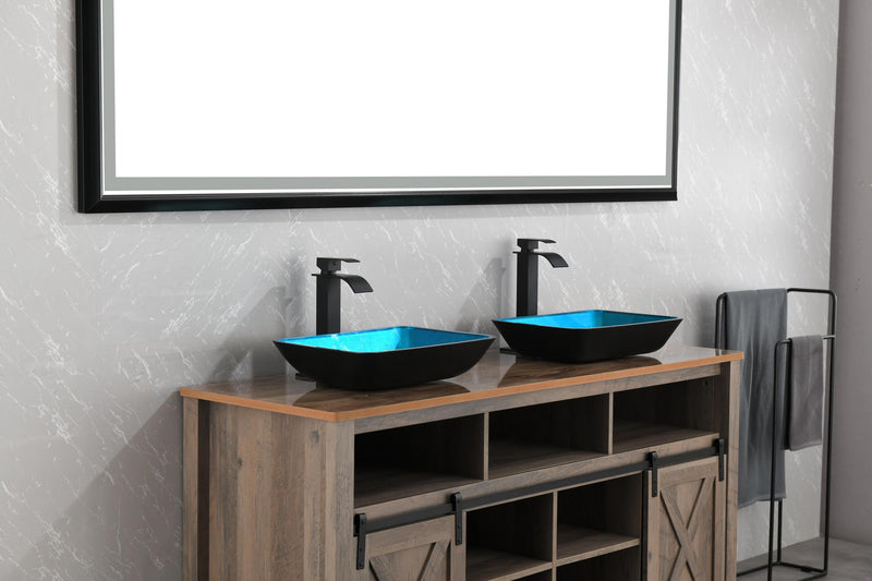 Supfirm 18.125" L -13.0" W -4 1/8" H Handmade Countertop Glass Rectangular Vessel Bathroom Sink Set in Turquoise Finish with Matte Black Single-Handle Single Hole Faucet and Pop Up Drain