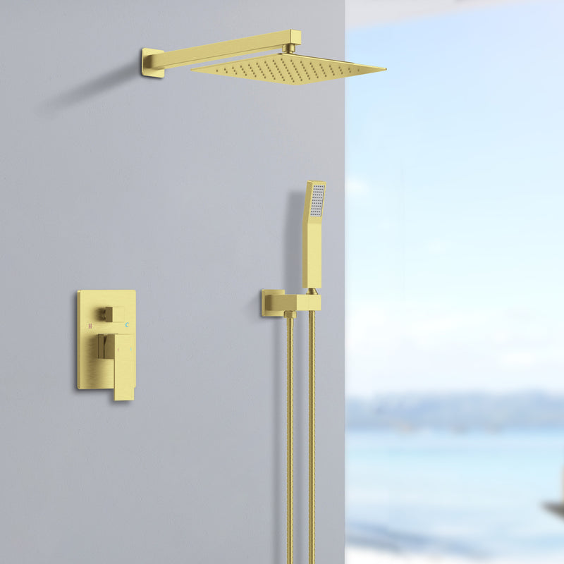 Supfirm Shower System Shower Faucet Combo Set Wall Mounted with 12" Rainfall Shower Head and handheld shower faucet, Brushed Gold Finish with Brass Valve Rough-In