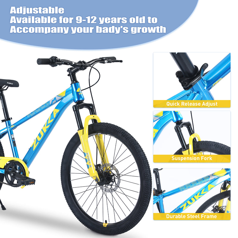 Supfirm ZUKKA Mountain Bike,24 Inch MTB for Boys and Girls Age 9-12 Years,Multiple Colors