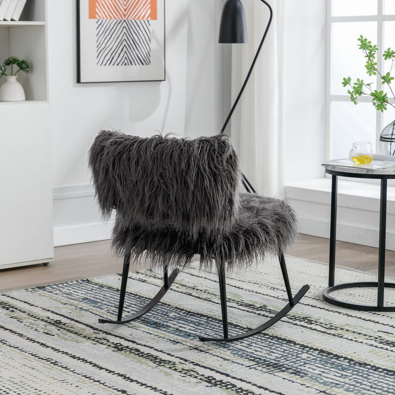 Supfirm 25.2'' Wide Faux Fur Plush Nursery Rocking Chair, Baby Nursing Chair with Metal Rocker, Fluffy Upholstered Glider Chair, Comfy Mid Century Modern Chair for Living Room, Bedroom (Gray)