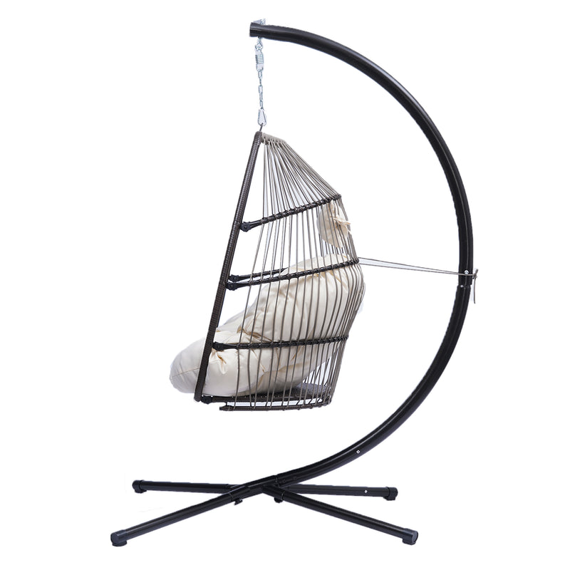 Supfirm Outdoor Patio Wicker Folding Hanging Chair,Rattan Swing Hammock Egg Chair With C Type Bracket , With Cushion And Pillow