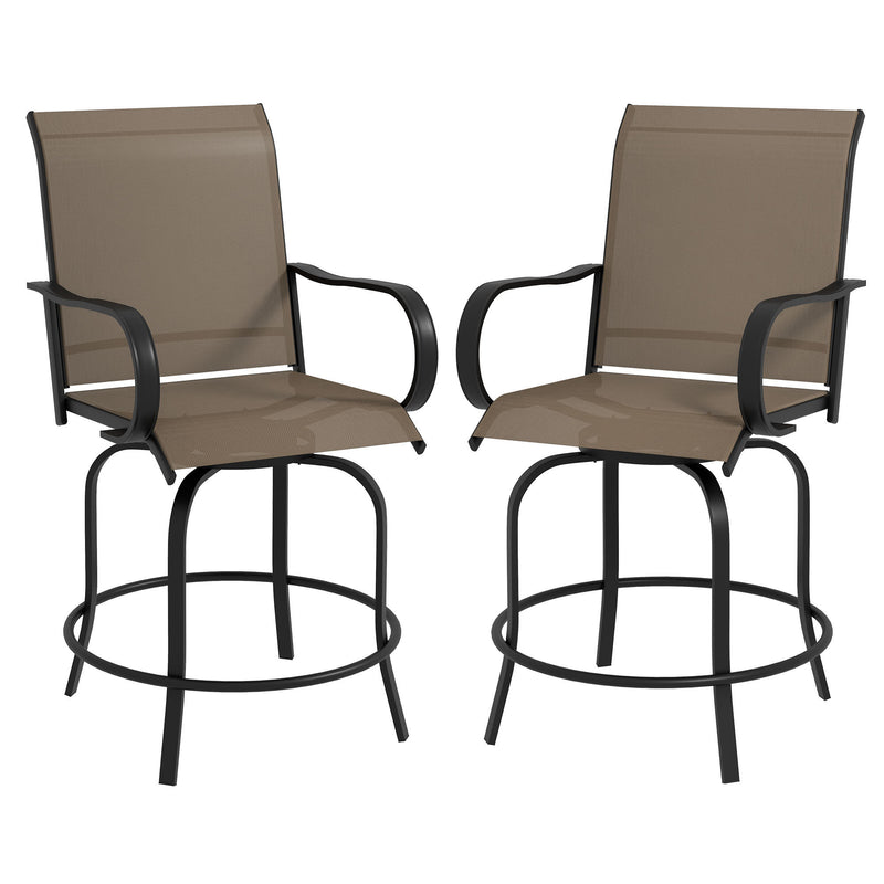 Supfirm Outdoor Bar Stools with Armrests, Set of 2 360° Swivel Bar Height Patio Chairs with High-Density Mesh Fabric, Steel Frame Dining Chairs for Balcony, Poolside, Backyard, Brown