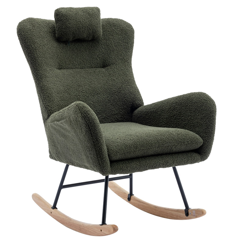 Supfirm 35.5 inch Rocking Chair with Pocket, Soft Teddy Fabric Rocking Chair for Nursery, Comfy Wingback Glider Rocker with Safe Solid Wood Base for Living Room Bedroom Balcony (dark green)