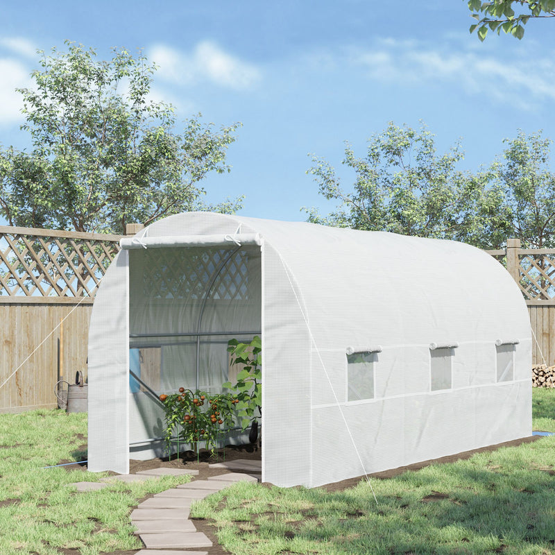 Supfirm 15' x 7' x 7' Walk-In Tunnel Greenhouse, Large Garden Hot House Kit with 6 Roll-up Windows & Roll Up Door, Steel Frame, White