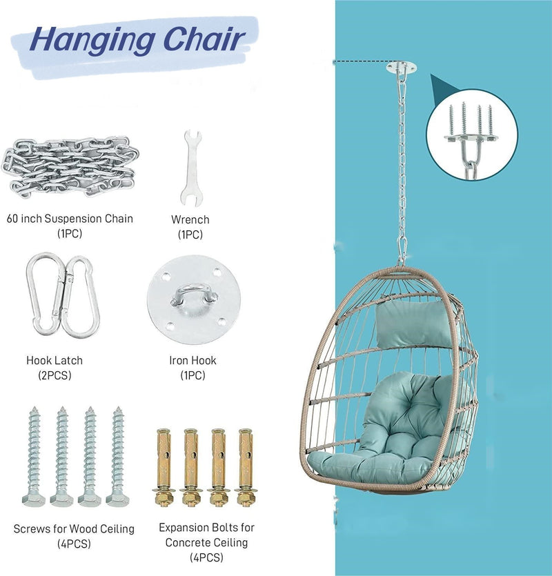 Supfirm Outdoor Garden Rattan Egg Swing Chair Hanging Chair Wood