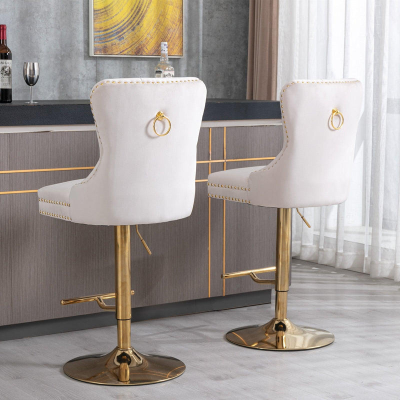 A&A Furniture,Thick Golden Swivel Velvet Barstools Adjusatble Seat Height from 27-35 Inch, Modern Upholstered Bar Stools with Backs Comfortable Tufted for Home Pub and Kitchen Island (Beige,Set of 2) - Supfirm