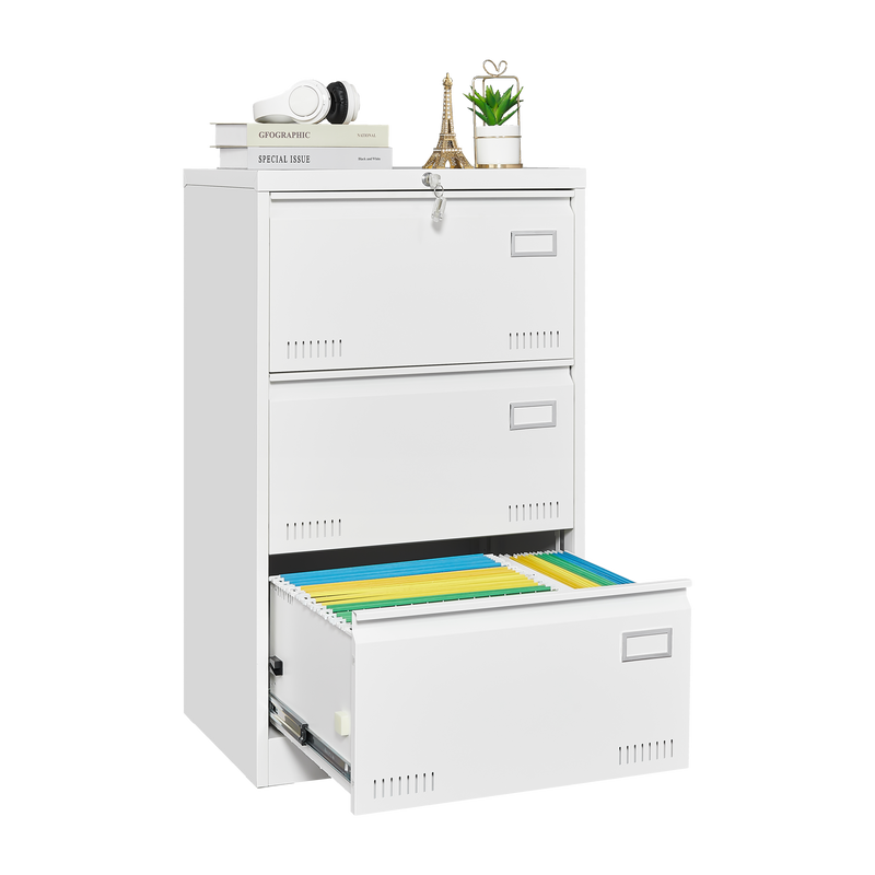 Supfirm Filing Cabinet Lateral File Cabinet 3 Drawer, White Filing Cabinets with Lock, Locking Metal File Cabinets Three Drawer Office Cabinet for Legal/Letter/A4/F4 Home Offic