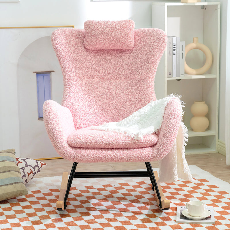 Supfirm Rocking Chair Nursery, Teddy Upholstered Rocker Glider Chair with High Backrest, Adjustable Headrest & Pocket, Comfy Glider Chair for Nursery, Bedroom, Living Room, Offices, Rubber wood, pink