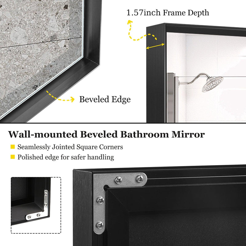 40x30inch Glossy Black Bathroom Mirrors For Wall Rectangle Vanity Mirror Corner Hangs Farmhouse Mirror Modern Metal Framed Rectangular Mirror, Decorative Square Corner Mirror(Horizontal & Vertical) - Supfirm