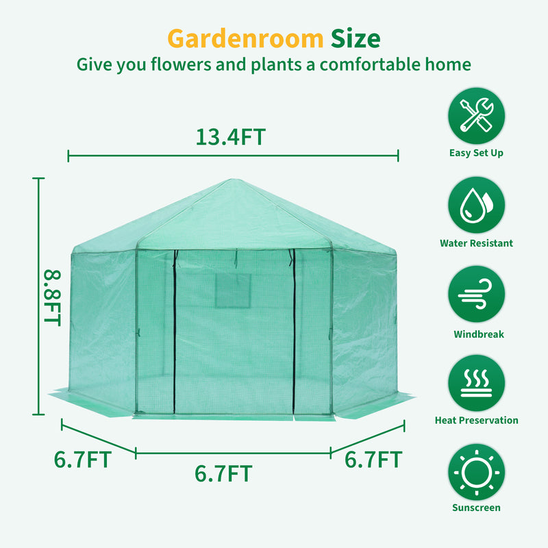 Supfirm Walk-in Greenhouse Hexagonal Upgrade Reinforced Frame Heavy Duty Plastic Greenhouse Reinforced Thickened Waterproof Insulation(13.1*8.6 ft)