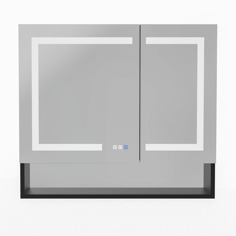 Supfirm Lighted Medicine Cabinet 36 x 32 Inch, Recessed or Surface , Clock, Room Temp Display,Defog,Night Light,Stepless Dimming,3000K-6400K, Outlets & USBs,Double Sided Mirror.Black External Storage Shelf - Supfirm