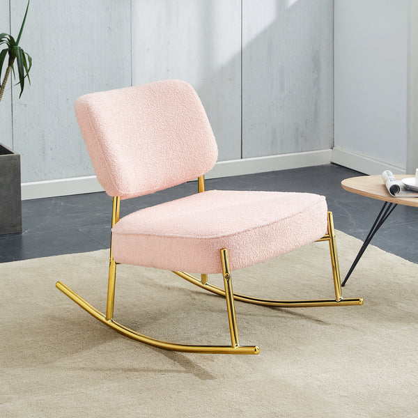 Supfirm Teddy velvet material cushioned rocking chair, unique rocking chair, cushioned seat, pink backrest rocking chair, and golden metal legs. Comfortable side chairs in the living room, bedroom, and office