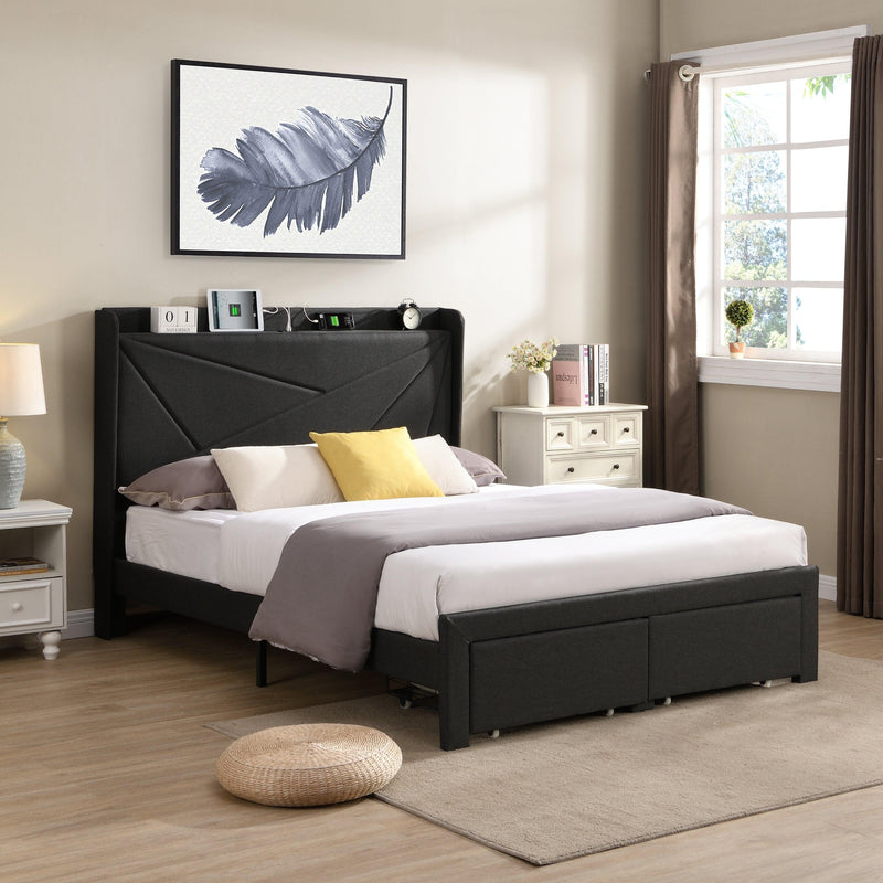 Queen Size Bed Frame with 2 Storage Drawers, Upholstered Bed Frame with Wingback Headboard Storage Shelf Built-in USB Charging Stations and Strong Wood Slats Support, No Box Spring Needed, Dark Gray - Supfirm