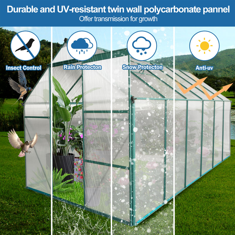 Supfirm 6x12 FT Polycarbonate Greenhouse Raised Base and Anchor Aluminum Heavy Duty Walk-in Greenhouses for Outdoor Backyard in All Season