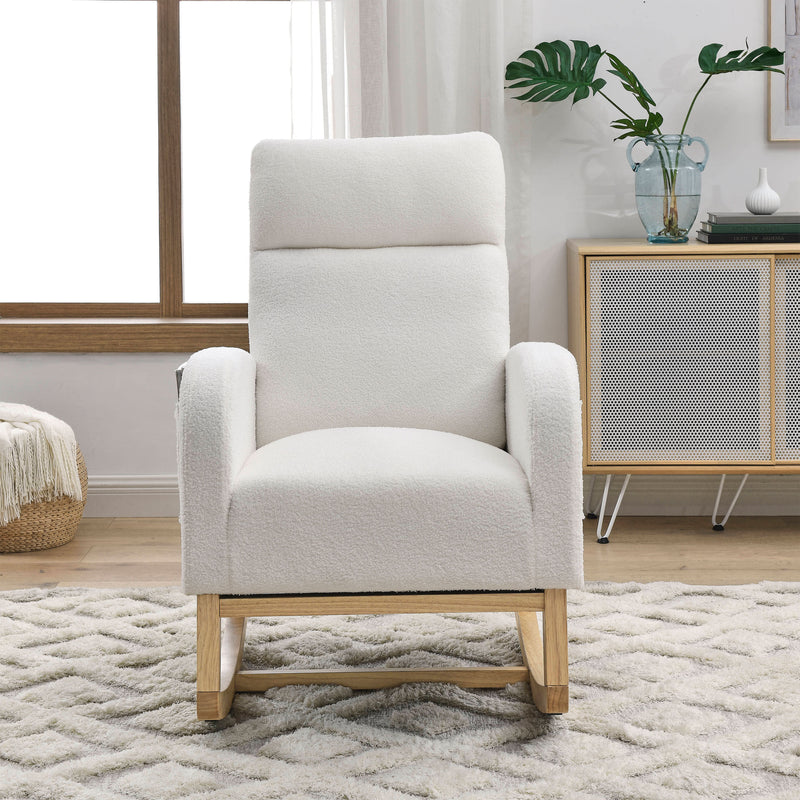 Supfirm [Video] Welike 27.6"W Modern Accent High Backrest Living Room Lounge Arm Rocking Chair, Two Side Pocket ,Teddy White (Ivory)