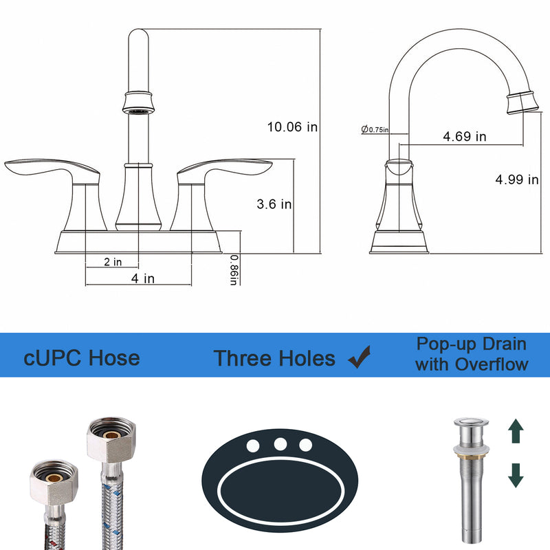 Supfirm 2-Handle 4-Inch Brushed Nickel Bathroom Faucet, Bathroom Vanity Sink Faucets with Pop-up Drain and Supply Hoses